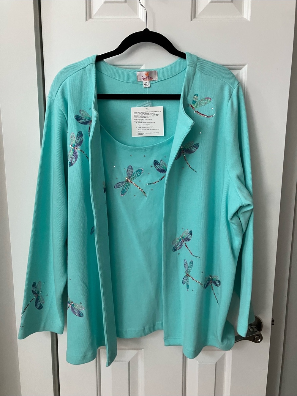 Quacker Factory Aqua Dragonfly Embellished Cardigan Set